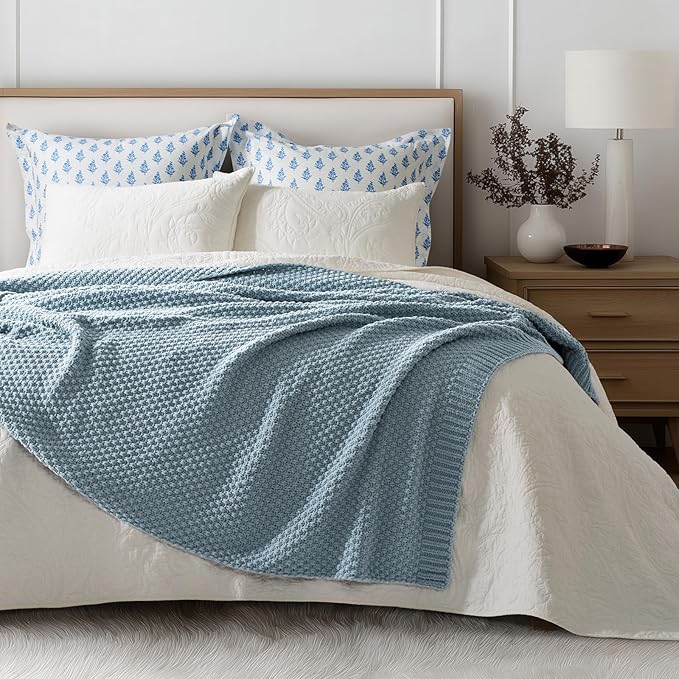 EVERGRACEHOME Chunky Chenille Knit Throw Blanket, 60 x 80, Chambray Blue | Sculpted Moss Stitch, Chic Modern Farmhouse, All-Season Warmth, OEKO-TEX® Certified, Elegant Blanket for Couch, Bed, Sofa