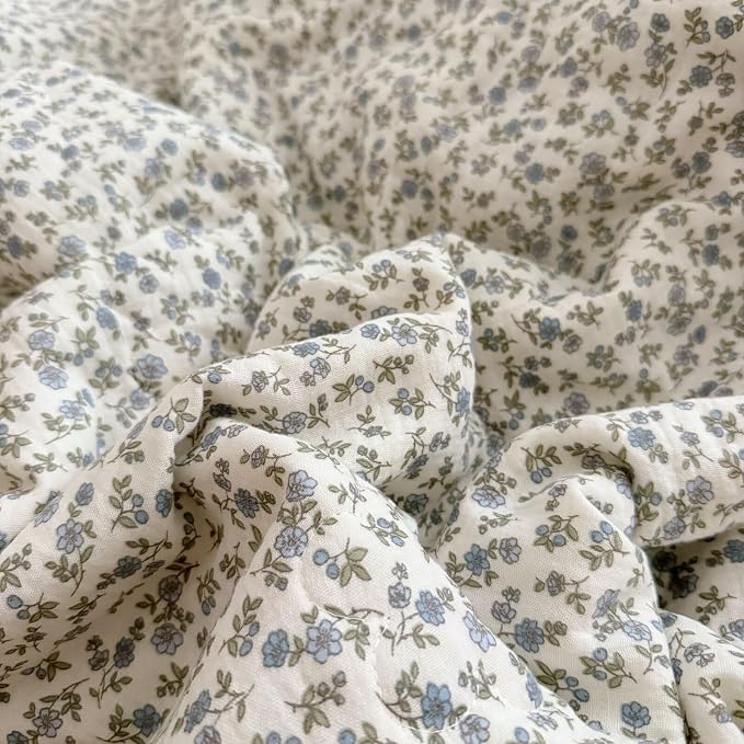 Blue Floral Print Duvet Cover Full Bed Comforter Cover 79"x90", Cotton Muslin Quilt Cover with Ruffles Chic Princess Bedding Duvet Cover with Zipper, No Pillow Cases/Filling