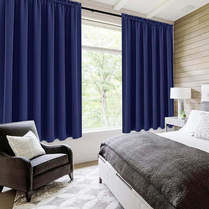 DWCN Wide Blackout Curtains for Bedroom Living Room 70 x 72 Inch Long Navy | 2 Panels Set, Room Darkening, Thermal Insulated, Light Blocking, Rod Pocket Drapes, Noise Reducing Window Treatments