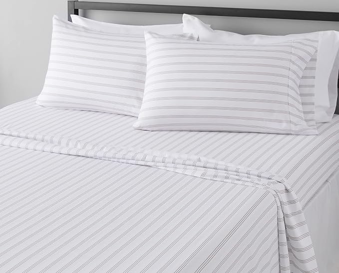 Amazon Basics Lightweight Breathable Brushed Microfiber 4-Piece Bed Sheet Set, Wrinkle Resistant with 14-Inch Deep Pockets, Queen, Taupe Stripe