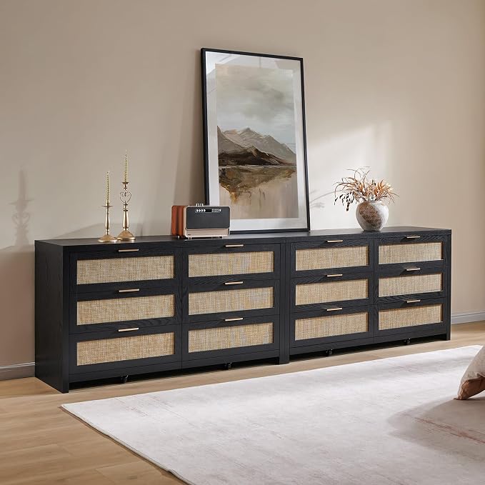 SICOATS Rattan Dressers for Bedroom Set 2, Large 6 Drawer Dresser | Long Chest of Drawers, Dresser Farmhouse TV Stand for Bedroom, Living Room, Nursery, Closet, Black Oak, 2 Pieces