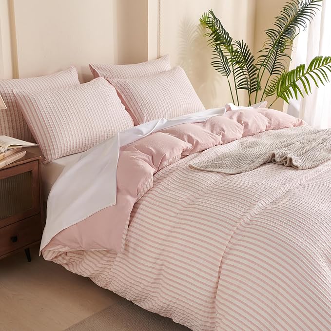 Comforter King Set Pink Striped Soft Luxury Washed Microfiber Jacquard 3 Pieces Bedding, White Pink Vertical Ticking Stripes Pattern Comforter with 2 Pillowcases Breathable Durable Comfy