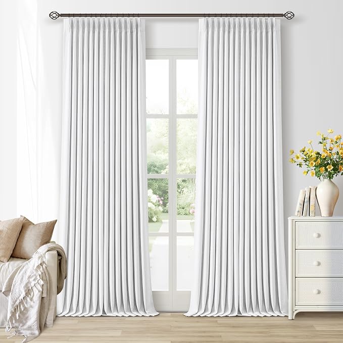TWODRAPES Snow White Pleated Linen 100% Blackout Curtains 105 Inches Long | Pinch Pleat Back Tab, Linen Drapes with Liner, Black Out Thermal Insulated, Energy Saving Curtain for Living Room Bedroom