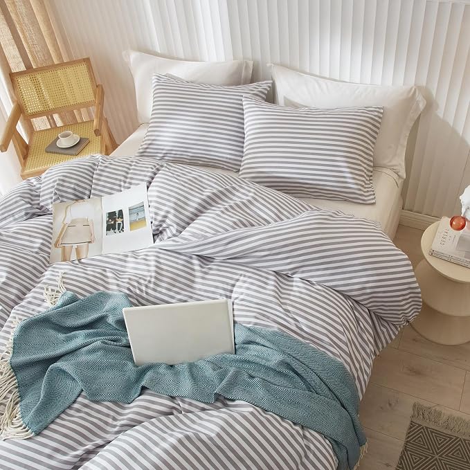 LifeTB Queen Comforter Set Grey White Stripes Comforter 3 Pieces Fluffy Soft Lightweight Bedding Comforter for All Season Down Alternative Comforter Boho Farmhouse Bedding Striped Comforter Set