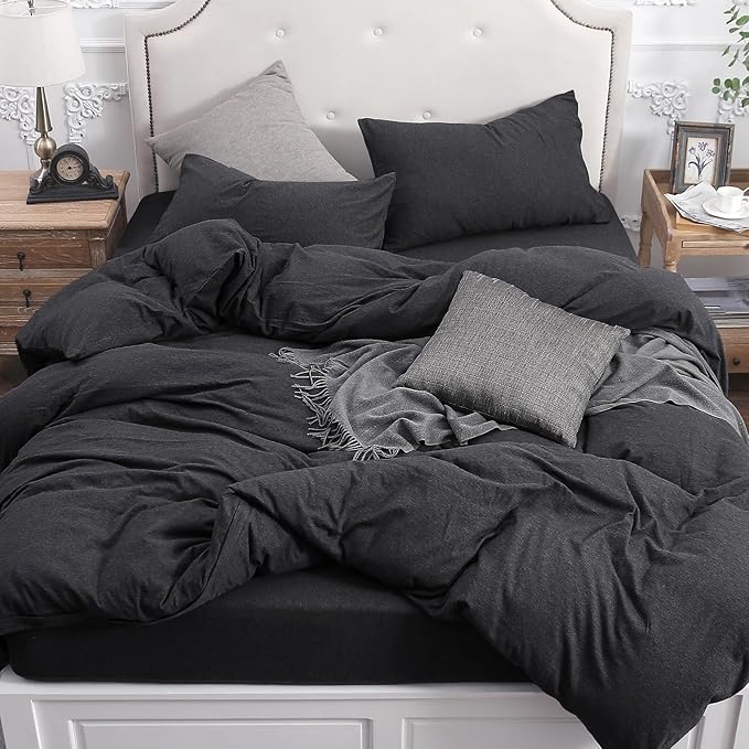 PURE ERA Jersey Knit Sheet Set Heather Charcoal Grey Queen | 100% Cotton, 3 Piece Set, T Shirt Soft, Breathable, Envelope Closure Pillowcases, Hidden Zipper, 8 Ties, No Insert, Modern