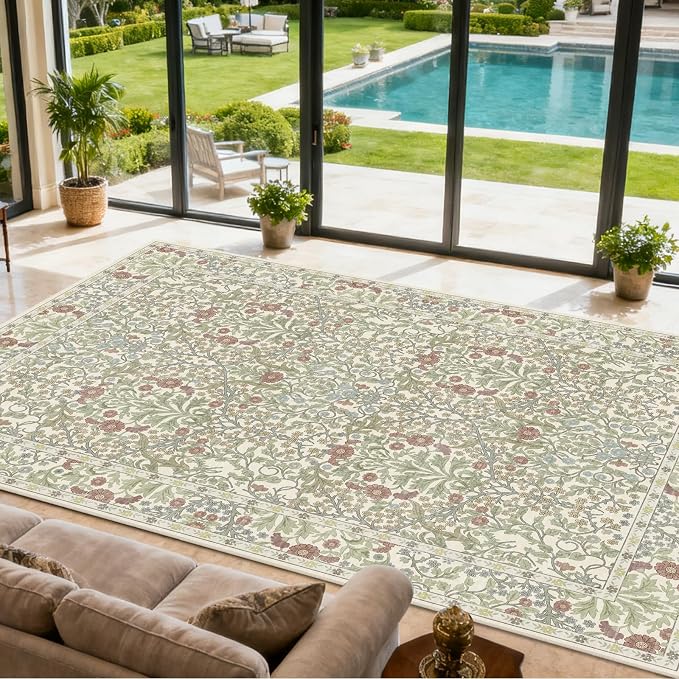 Area Rug for Living Room, 10x12 Large Washable Rugs for Dining Room, Bedroom, Non Slip Stain Resistant Carpet, Low Pile Vintage Floral Rug (Light Green)