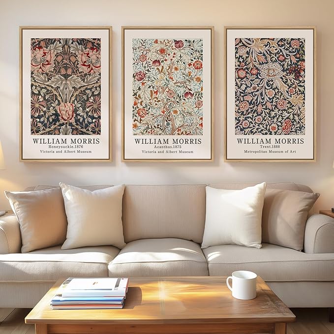 Large Framed William Morris Vintage Wall Art for Living Room, 3 Piece | Fine art, Botanical, Floral, Rustic, Farmhouse, 30x60 in, Easy to hang, Waterproof, Bedroom/Office/Hallway/Wall decor
