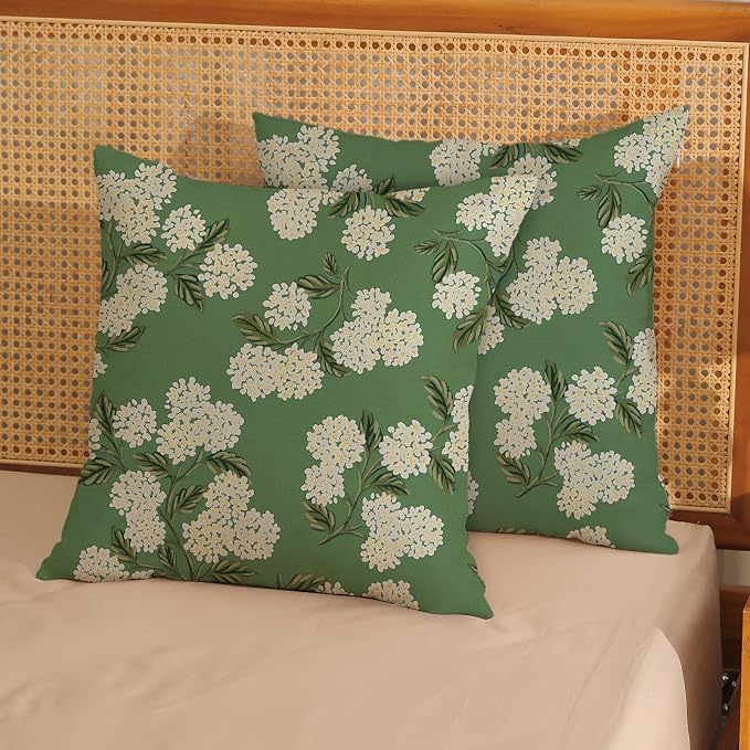 Sage Green Spring Pillow Covers 16x16 Inch 2 Pcs Yellow Hydrangea Flower Decor Throw Pillows Vintage Floral Seasonal Summer Outdoor Decoration Pillowcase Linen Cushion Cover for Couch Sofa