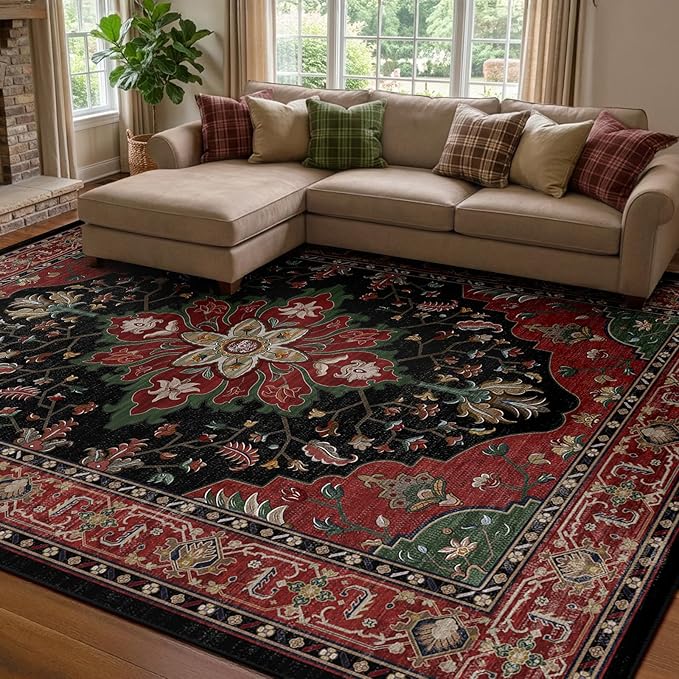 RELEANY Washable Area Rug, 8'x10', Red/Black | Non-Slip, Water Repellent, Pet Friendly, Easy to Clean, Vintage Floral Boho Decor for Living Room Bedroom Dining Room