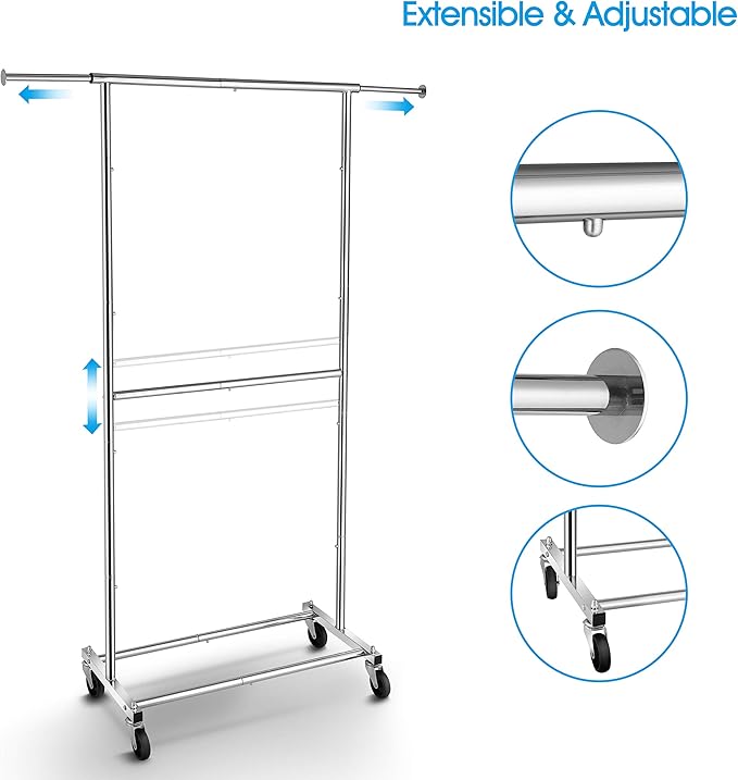 Simple Trending Clothing Garment Rack, Extensible Clothes Rack, Chrome | Double Rod Portable Closet, Adjustable Middle Rod, Bottom Shelf, Multiple Uses, 360° Wheels, Bedroom, Laundry Room