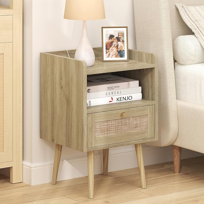 MECHYIN Night Stand Set 2, Nightstands Set of 2 with Charging Station, Rattan Side Tables with Solid Wood Legs, Boho Bedside End Table for Apartment Bedroom Dorm Small Space