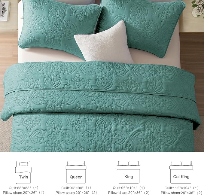 Whale Flotilla Queen Quilt Bedding Set Vintage Damask Reversible Bedspread | Suitable for Bed, 3 Pieces Turquoise Green Lightweight Breathable Quilts Queen Size, Ultrasonic Coverlet with 2 Pillow Shams