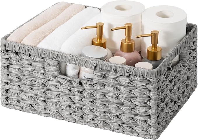 GRANNY SAYS Wicker Storage Baskets for Shelves, Wicker Baskets, Gray,1-Pack | Waterproof Wicker Baskets for Organizing, Plastic Woven Baskets for Shelves, Decorative Baskets for Living Room, Gray Basket
