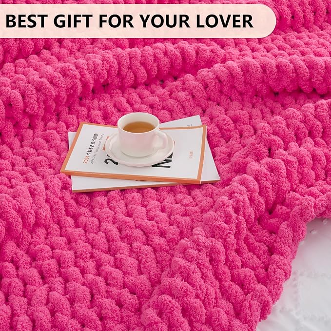 L'AGRATY Chunky Knit Throw Blanket for Couch, 50 x 60 Inches, Hot Pink | Handmade Chenille Crochet Blanket for Sofa Bed, Thick Cable Knitted Blankets for Room Home Decor, Birthday Gift for Women Mom