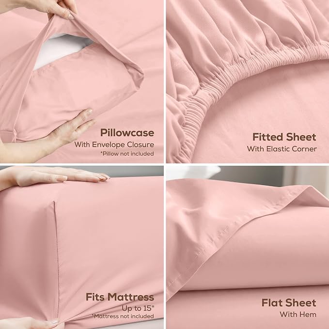 King Sheets Set, 4 Pieces 16" Deep Pocket Hotel Luxury Bed Sheets, Tea Pink | Extra Soft Bedsheet Set, Comfy & Breathable Cooling Sheets, Wrinkle & Fade Resistant, Fitted Sheet, Flat Sheet, 2 Pillowcases