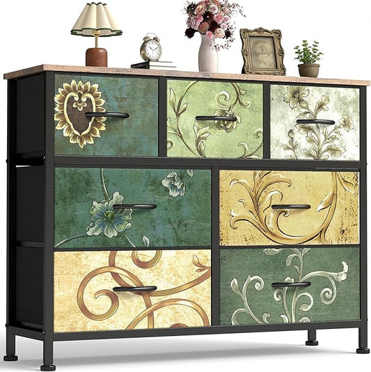 OLIXIS 7 Drawer Fabric Dresser, Storage Tower for Bedroom and Closet | Easy-Pull Bins for Closet Organizers, Chest of Drawers with Sturdy Steel Frame & Wooden Top for Living Room, Entryway, Floral