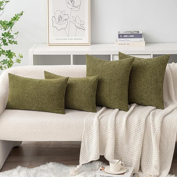 MIULEE Soft Chenille Throw Pillow Covers Olive Green 20x20 Inch Pack of 2 | Modern Home Decor, Classic Decorative Pillows, Solid Dyed Cases, Boho Couch Cushion Covers for Sofa Bed Living Room