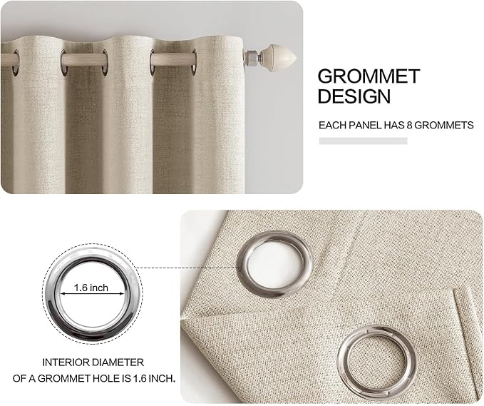 MIULEE 100% Blackout Linen Curtains for Bedroom 52x54 Inches Stone | Room Darkening, Light Blocking, Thermal Insulated, Grommet Top, Linen Textured, Fall Curtains for Living Room, 2 Panels