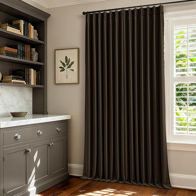 Pleat Chocolate Brown Curtains 108 Inches Long 2 Panels Set for Living Room | Memory Shape, Pinch Pleated Drapes, 100% Black Out, Thick Linen Blend, with Hooks Rings, Back Tab, for Ceiling Office 9 FT