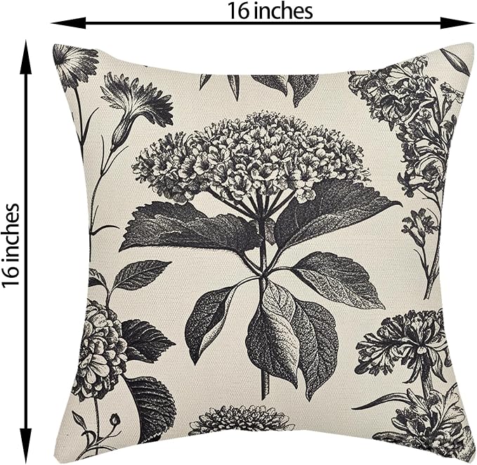 Black Pillow Covers 16x16 Inch 2 Pcs Boho Vintage Floral Decor Throw Pillows Hydrangea Flower Seasonal Outdoor Farmhouse Neutral Accent Decoration Pillowcase Linen Cushion Cover for Couch