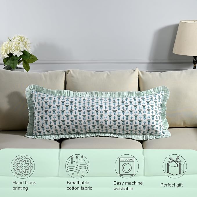 Ridhi Block Print Aquamarine Blue Ruffle Lumbar Pillow Shams, 36" x 14" | 100% cotton, Floral Pillowcase, Cushion Cover, Hidden Zipper, Cottagecore Bedding, farmhouse boho style, fits couch, sofa,Bed
