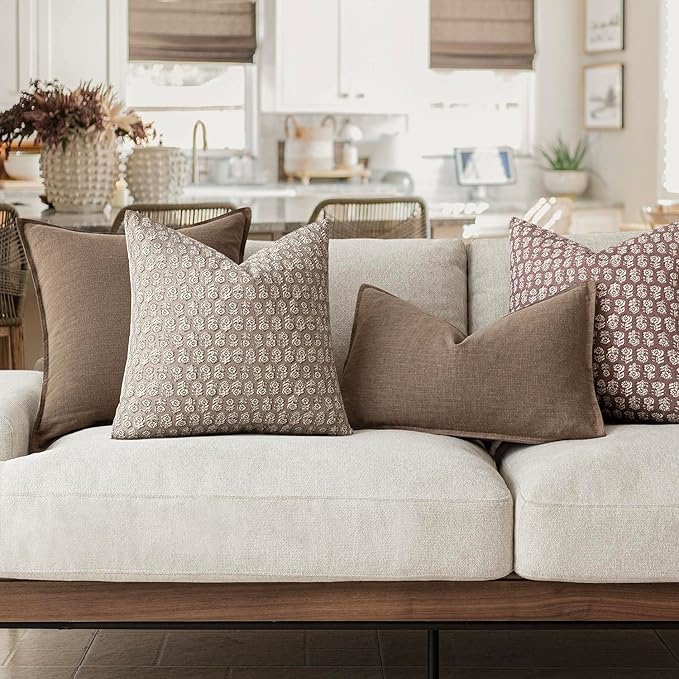 Foindtower Set of 2 Decorative Vintage Floral Print Throw Pillow Covers Neutral Modern Farmhouse Cushion Covers Boho Home Decor for Sofa Couch Chair Bedroom Living Room,24×24 Inch,Tan Taupe