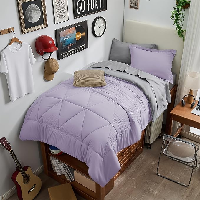 BEDELITE Twin XL Comforter Set 5 Pieces, Reversible Lavender Bed in A Bag | Soft All Season Down-Alternative Comforter, Sheets, Pillowcases & Shams, OEKO-TEX Certified Bedding for Drom Room, College