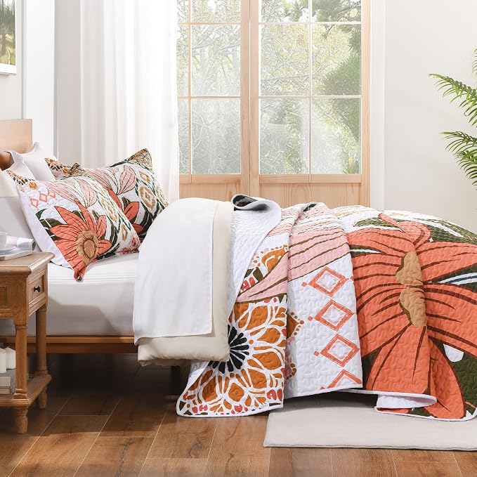 Andency Quilt Queen Size, Pink Floral Boho Summer Bedspread 3 Pieces | Blush Flower Botanical Summer Bedspreads with 2 Shams, Reversible Polyester Coverlet Set for All Seasons, 96"x90"