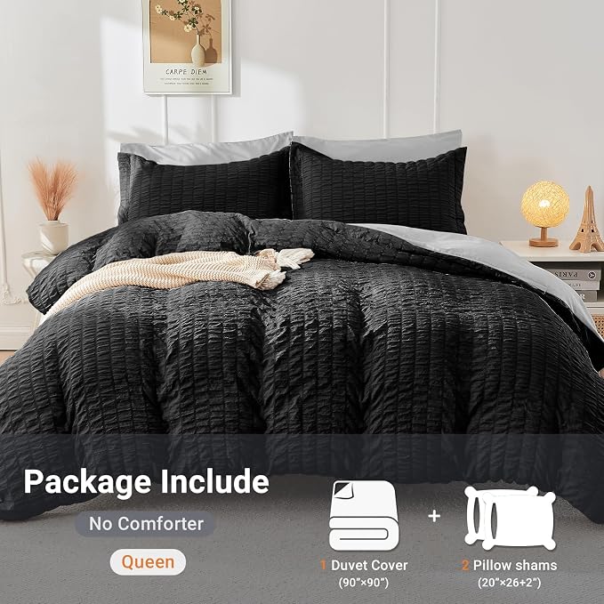 HYMOKEGE Black/Light Grey Duvet Cover Queen Size, Ultra Soft 3-Piece Seersucker Duvet Cover Set with Zipper Closure, Soft Brushed Microfiber Bedding Set with 8 Corner Ties (90"x90", 2 Pillowshams)