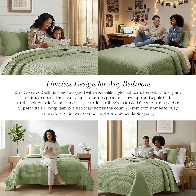 Southshore Fine Living, Inc. Oversized King Quilt Bedding Set, Pet Hair Resistant Bedding, Microfiber Lightweight Bedspread for Summer, Green Coverlet Set w/2 Pillow Shams, Sage Green Quilt King