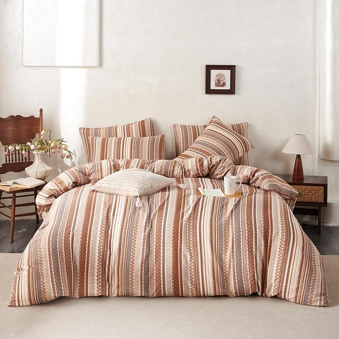 Striped Queen Comforter Set Boho Soft 3 Pieces Chic Vintage Boho Print Bohemian Comforter for All Seasons Luxury Warmth Comfy Breathable with 2 Pillowcases