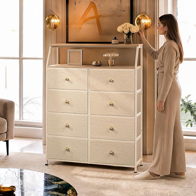 WLIVE Beige Boucle 8-Drawer Fabric Dresser Storage Tower Bedroom | Boucle fabric 8-drawer storage tower with open shelves and wood top, stylish for bedroom closet living room decor