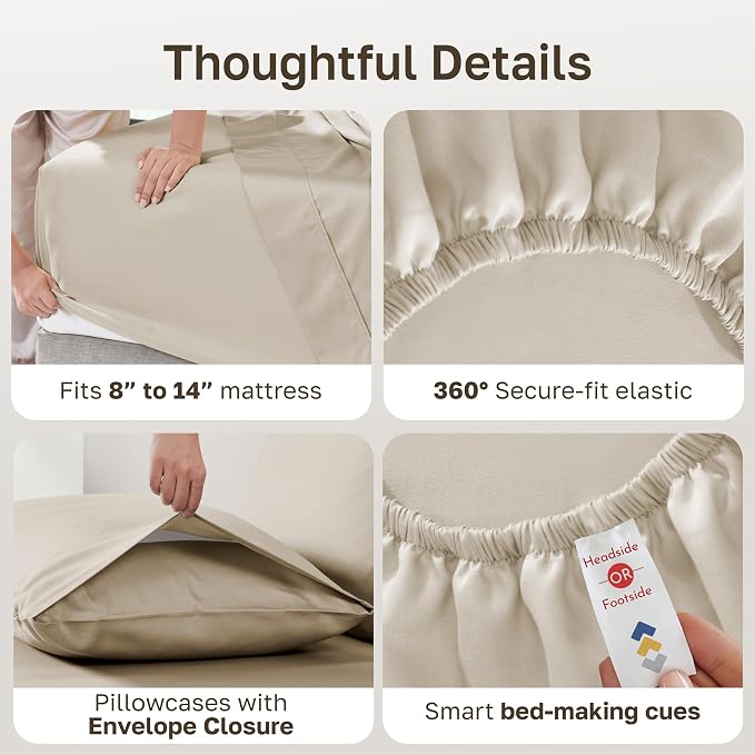 Soft Natural 100% Cotton Sateen Queen Size Bedsheets, 4 Pc Set, Butter | Backed by Good Housekeeping Seal, Light & Breathable For Hot Sleepers, 14" Deep Pocket, All-Around Elastic, Durable