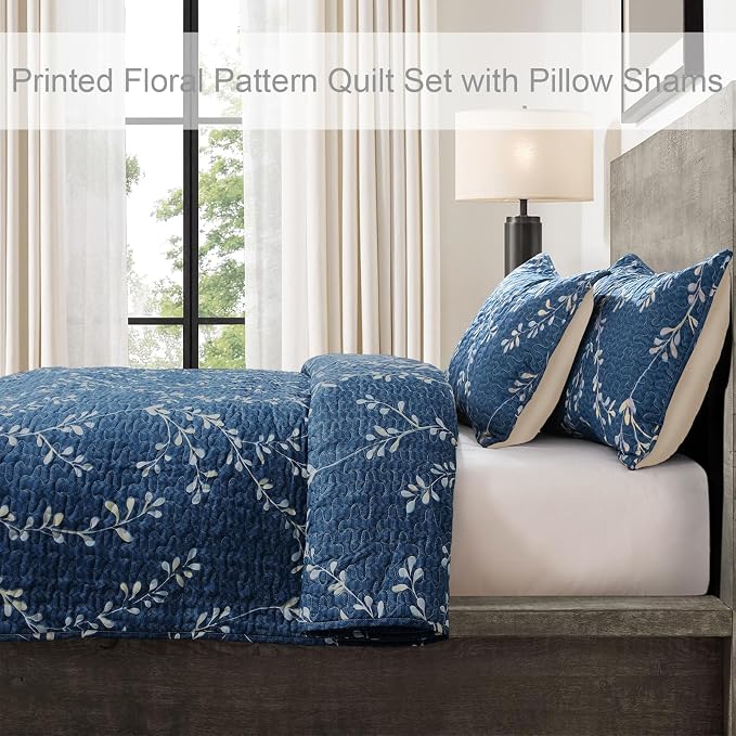 Exclusivo Mezcla Reversible Boho Quilts Queen Size Navy | Lightweight Soft Bedspreads, All Season Flowers Coverlet Bedding Set, Printed Floral Pattern, 1 Quilt and 2 Pillow Shams