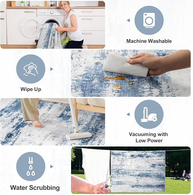 PLHXFR 8x10 Area Rug Living Room: Abstract Washable Carpet White Blue | For Bedroom Dining Room Farmhouse Nursery Home,Machine washable,Non Slip,Large Soft Neutral,Stain Resistant, Indoor Floor
