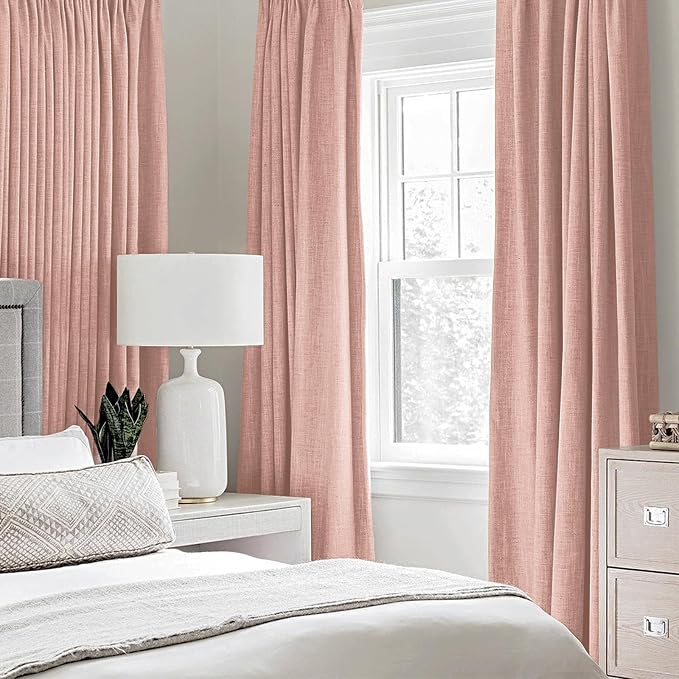 MIULEE 100% Blackout Linen Curtains for Bedroom 52x84 Inches Blush Pink | Room Darkening, Light Blocking, Thermal Insulated, Grommet Top, Linen Textured, Window Curtains for Living Room, 2 Panels
