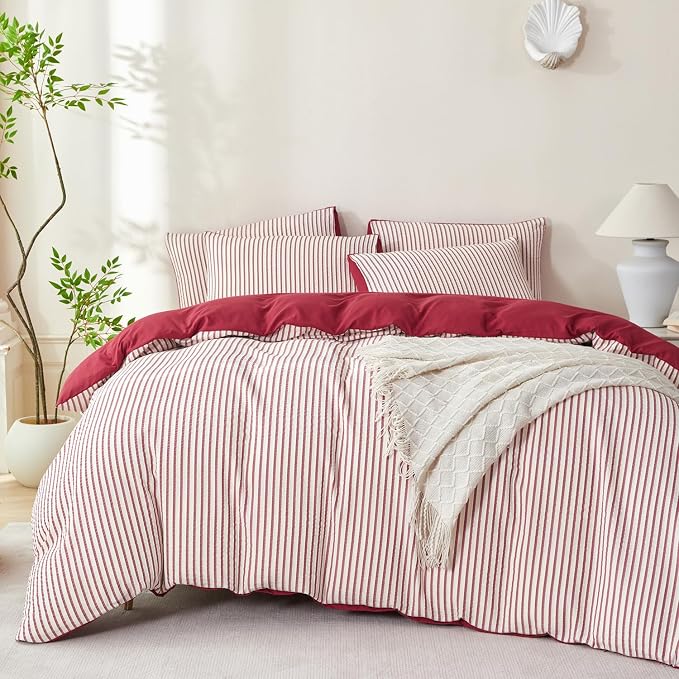 Comforter Set King Size Brick Red Striped Soft Luxury Washed Microfiber Jacquard 3 Pieces White Brick Red Vertical Ticking Stripes Pattern Comforter with 2 Pillowcases Breathable Durable Comfy