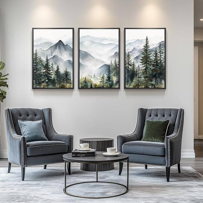 Large Framed Landscape Wall Art for Living Room, Mountain Print, 24x36 Inch | 3 piece, Modern, Nature, Forest picture, Green, Foggy scenery, Living room decor, Hallway art, Ready to hang, Wood frame