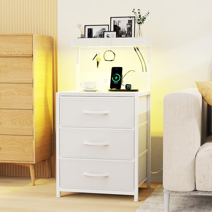 LED Night Stand with Charging Station Set of 2, 3 Fabric Drawer, White | Nightstand Bedside Table with USB Ports and Outlets, End Side Table Night Stand for Bedroom with Storage Shelf and Hooks