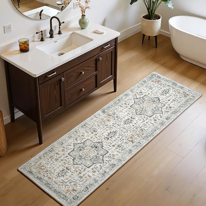 Washable 2x6 Runner Rug for Hallway Entryway, Non Slip Kitchen Area Rugs Indoor Mat for Bedroom Bathroom Laundry Farmhouse, Soft Vintage Floor Carpet Stain Resistant Low Pile, Grey/Brown
