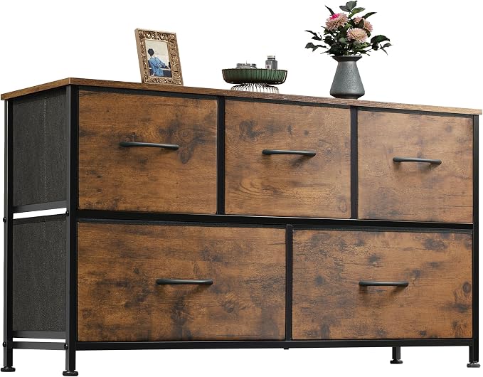 WLIVE Wide Dresser for Bedroom, 5 Drawer Chest of Drawers, Rustic Brown | 5 roomy fabric drawers, Wide storage design, Bedroom or closet use, Sturdy steel frame, Smooth wood tabletop