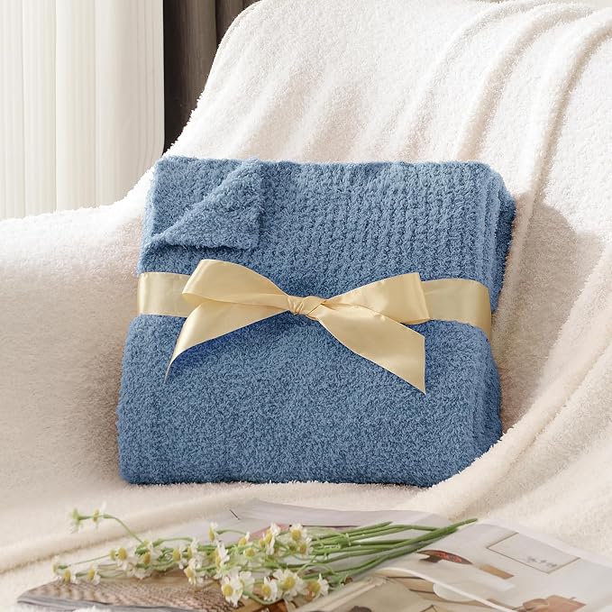 JOOJA Dusty Blue Throw Blanket for Bed, Super Soft Knit Blankets, Cozy Fleece Fuzzy Fluffy Plush Chenille Throws Blanket for Couch, Sofa, 60 x 80 inches