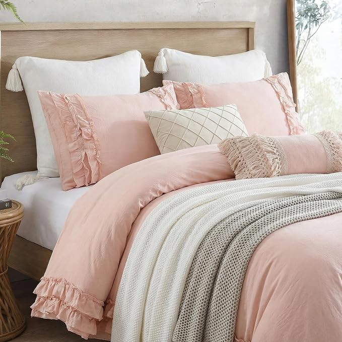 Pink Ruffled Duvet Cover Girls Coquette Bedding Set Cute Lace Fringe Ruffle Bedding Shabby Chic Farmhouse Style Super Soft Cozy Elegant Cover Cover Set Twin Size