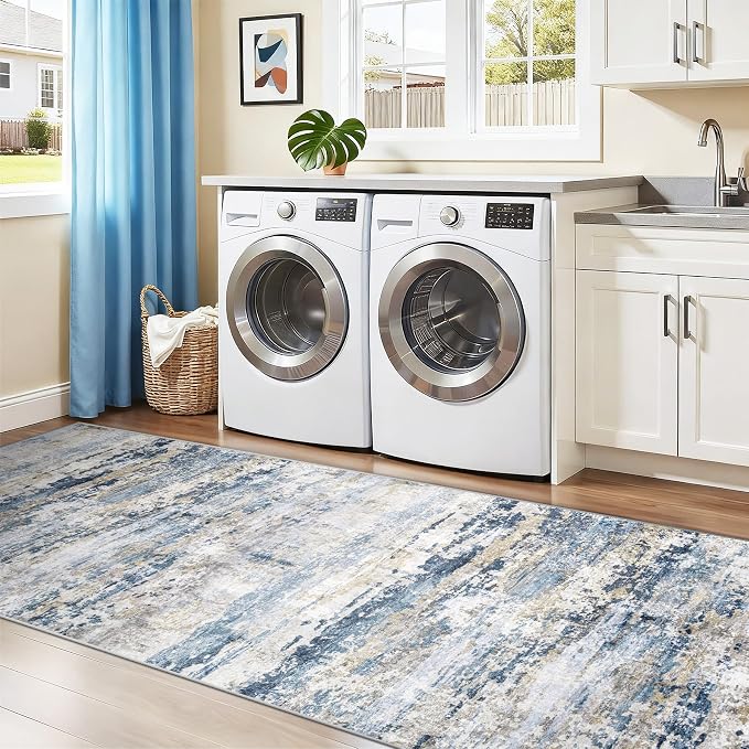 pmtsns Area Rugs 2x8 Runner Rug: Washable Hallway Rug Modern Abstract Neutral Soft Non-Slip Low-Pile Indoor Carpet for Kitchen Bedside Entrance Laundry (Blue Grey Brown, 2'x8')