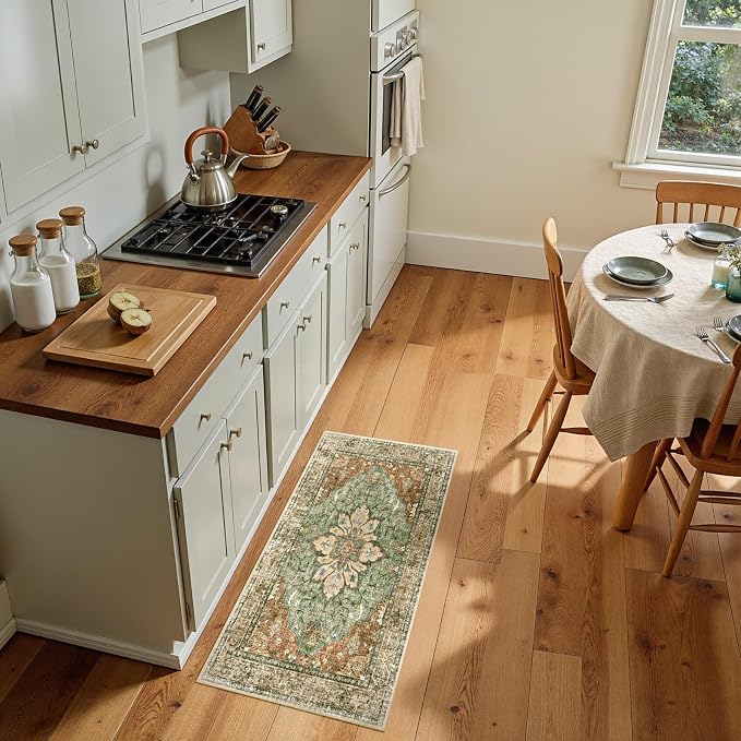 RELEANY Washable Area Rug, Small 2'x4', Brick/Brown/Green | Non-Slip, Water Repellent, Pet Friendly, Easy to Clean, Vintage Floral Boho Decor for Kitchen Entryway Bathroom