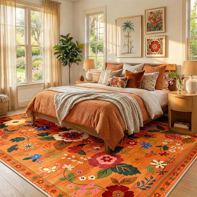 RELEANY Floral Washable 6x9 Area Rugs BurntOrange | Flower Carpet, Print, Boho, Non-Slip, Easy to Clean, Soft, Low Pile for Living Room Bedroom Kitchen Office Entryway Hallway
