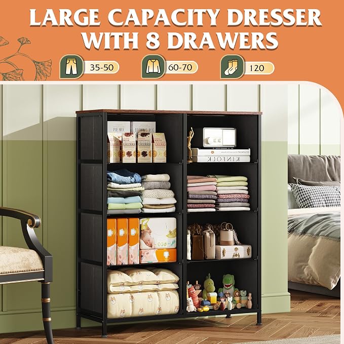 WLIVE 8 Drawer Fabric Dresser for Bedroom, Tall Storage Tower, Pattern | 8-drawer tall storage tower with fabric bins and wood tabletop, breathable non-woven, perfect for bedroom closet dorm