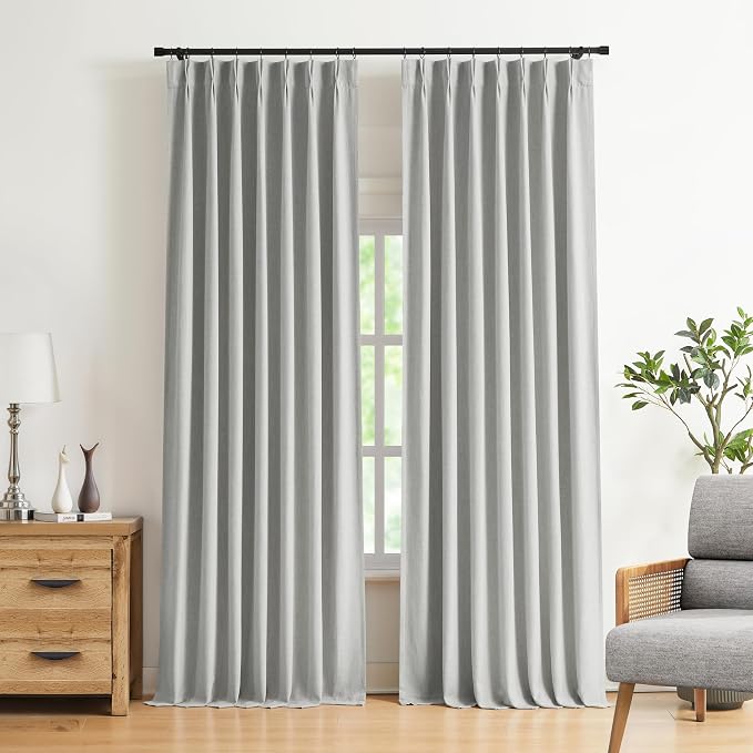 Vision Home Light Grey Pinch Pleated Full Blackout Curtains Linen Blended Room Darkening Curtain Panels 108 inch for Living Room Bedroom Thermal Insulated Pinch Pleat Drapes with Hooks 40" Wx108 Lx2