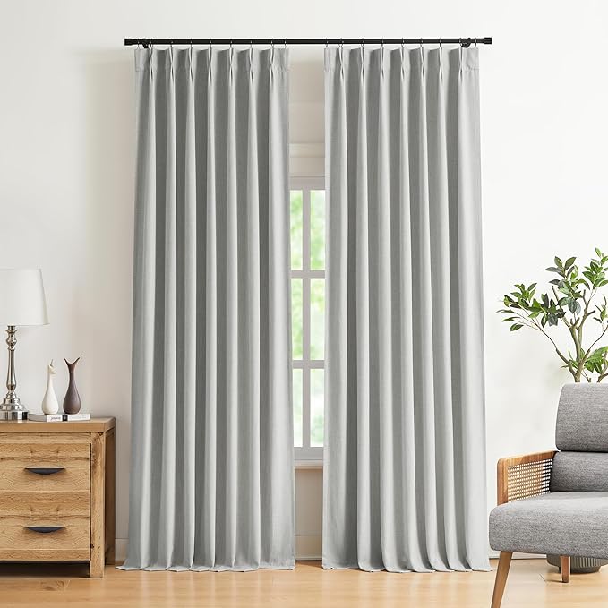 Vision Home Light Gray Pinch Pleated Full Blackout Curtains Linen Blended Room Darkening Curtain Panels 102 inch for Living Room Bedroom Thermal Insulated Pinch Pleat Drapes with Hooks 40" Wx102 Lx2