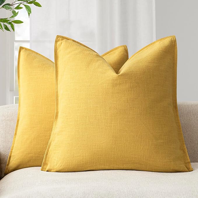 Foindtower Linen Solid Decorative Throw Pillow Covers 18x18 Ginger Yellow | Pack of 2 Boho Farmhouse Neutral Pillowcase,Soft Euro Accent Cushion Covers,Home Decor for Bed Couch Sofa Bedroom Living Room